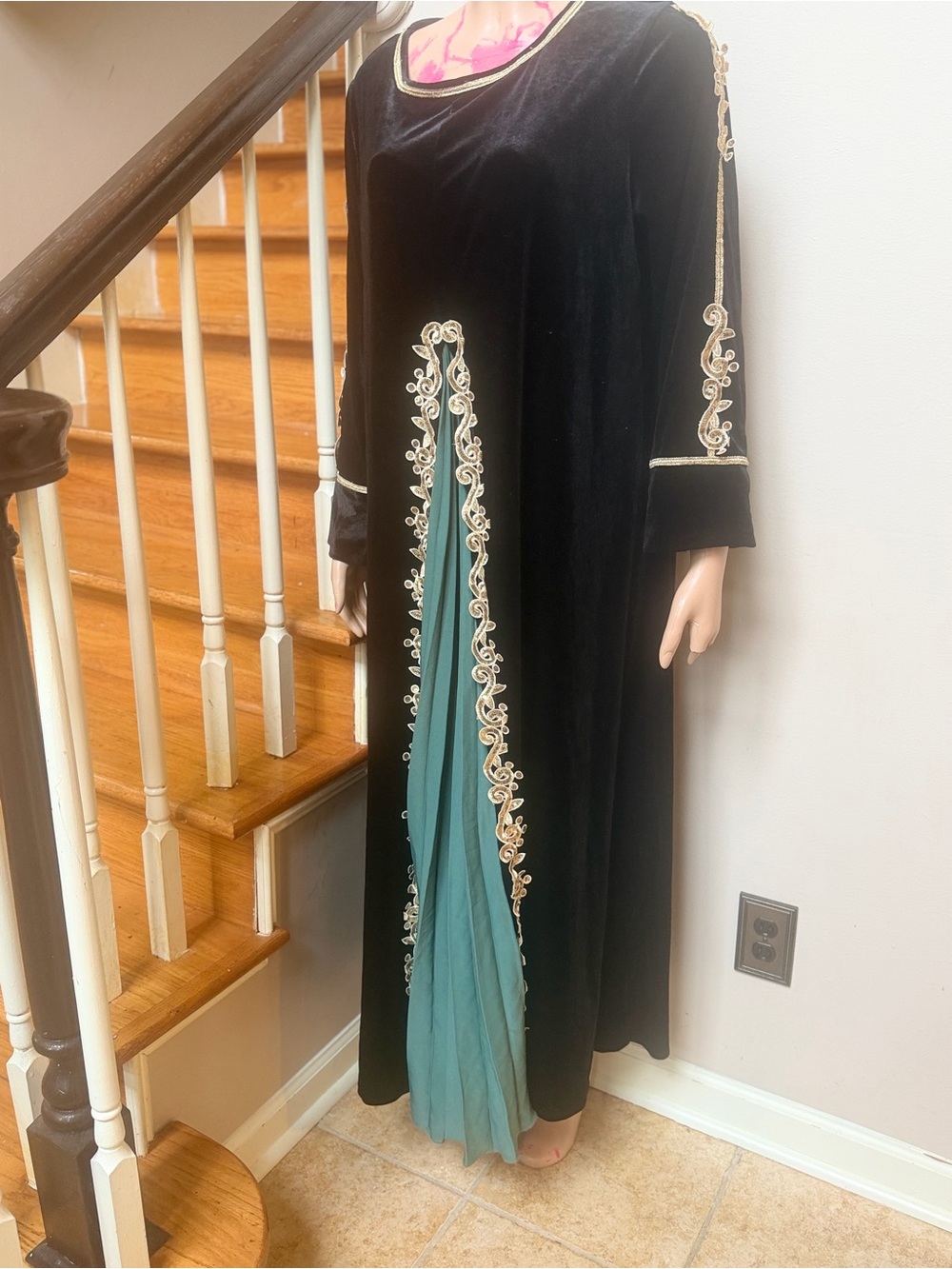 Galabiya Black Velvet Embroidered Maxi Dress with Teal Insets - Picture 3 of 6